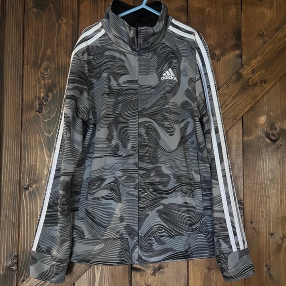 Boys Adidas Zip Up Lightweight Jacket Grey, Black, and White Size Medium 10/12